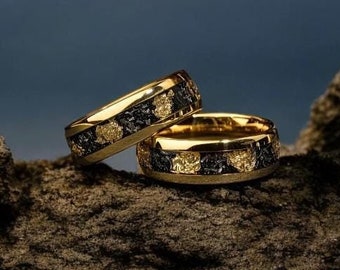 18k Gold| Meteorite & Gold Leaf Inlay Wedding Band Unique Wedding Band| 8mm Gold Ring| Men Wedding Band |Gold Tungsten Rings| Meteorite Band