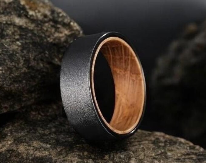Black Brushed Tungsten Whiskey Barrel Wood Inlay Band| Black Wedding Ring | Men Wood Ring| Gift For Him Her | 8mm Black Ring|  Promise Ring