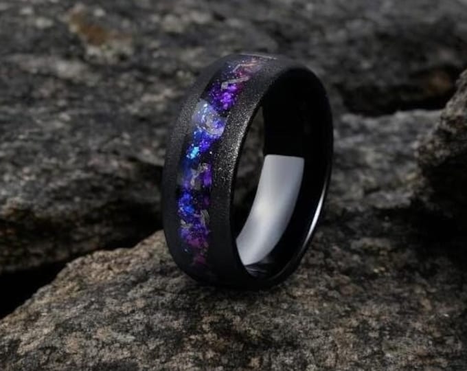 Black Sandblasted Orion Nebula Ring, Meteorite Band, Sandstone Tungsten Wedding Band, 8mm Ring, Outer Space Couples Ring, Ring Engraving