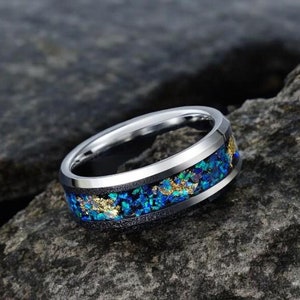 Crushed Opal Gold Leaf Men Wedding Band, Blue Opal Inlay Ring, 8mm Opal Ring, Men Wedding  Ring, Engagement Ring, Birthstone Opal Men Ring