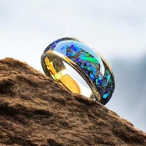 Blue Green Opal Tungsten Ring, Opal wedding Ring, Green Opal Inlay Ring, Opal Ring, Gold Ring, Engagement Ring, Tungsten Carbide Ring, 8mm