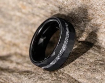 Black Hammered Meteorite Black Faceted & Inlay Meteorite Tungsten Carbide Men Wedding Band Ring Men Ring For Men Promise Ring Anniversary