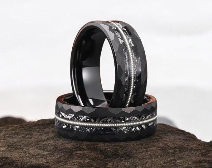 Hammered Meteorite & Guitar String Ring, Black Tungsten Ring, Hammered Wedding Band, Rock and Roll Ring, Promise Ring For Him, Husband Gift