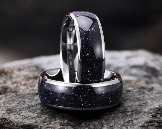 Nebula Ring Silver Tungsten Wedding Ring | Blue Sandstone Silver Black Ring| Outer Space Men Women Ring | Gift For Him Her| 8mm Silver Ring