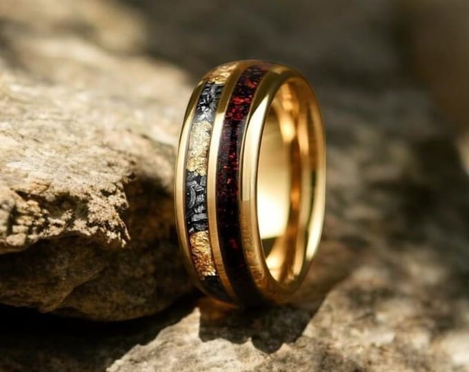 Meteorite Gold Leaf Crushed Red Opal Inlay Tungsten Band | Men Wedding Ring | Gift For Him & Her | 8mm Gold Ring | Anniversary Ring For Him