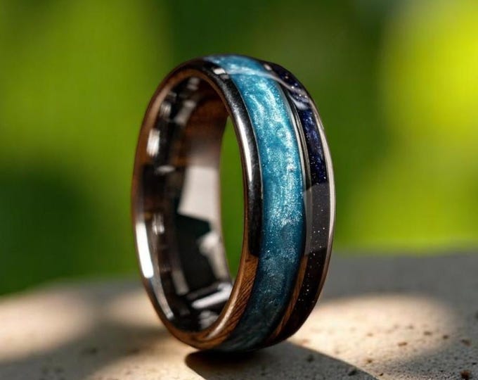 Blue Sandstone & Crushed Pearl Man Wedding Band, Cosmos Silver Tungsten Unique Promise Engagement Couple Band, Her His Ring , Statement Band