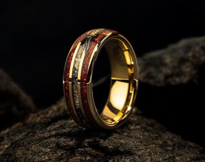 Meteorite & Gold Leaf Flakes Dark Red Galaxy Opal Gold Men Wedding Band| Galaxy Opal Men Ring| Gold Tungsten Wedding Ring| Red Opal Band