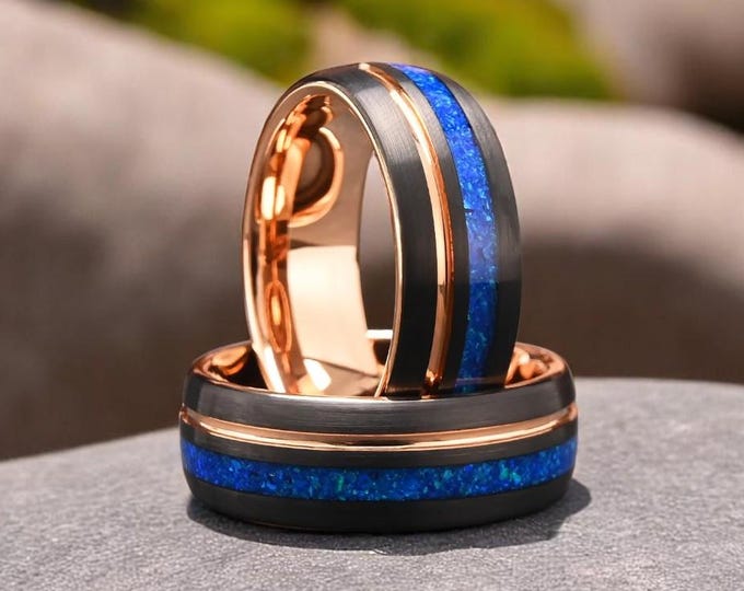 Blue Opal with Rose Gold Groove Tungsten Carbide Ring, Opal wedding Ring, Opal Inlay Ring , Brushed Matte Band , Opal Engagement Ring, 8mm