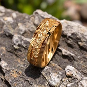 Hammered Black Tungsten Ring With Meteorite Dust And Gold Leaf