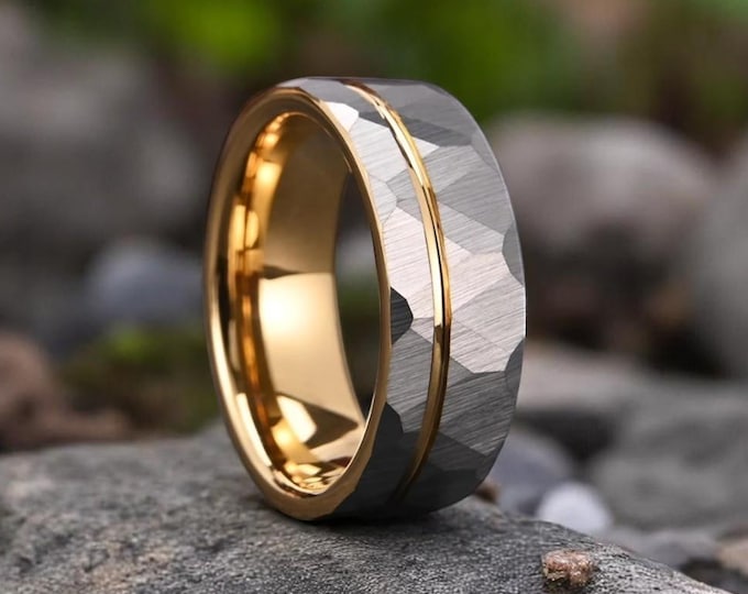 Hammered Grey with Gold Groove Wedding Ring| Brushed Tungsten Carbide Men Band | Gold Strip | 8mm Male Wedding Ring| Unique Wedding Men Band