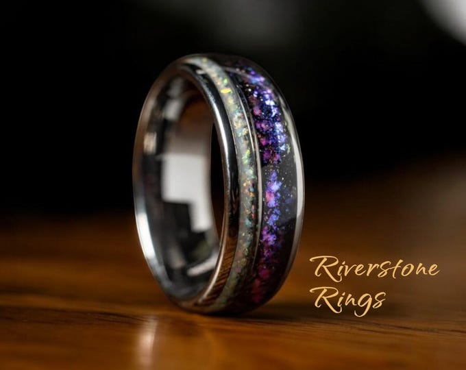 Blue Sandstone Tungsten Wedding Band: White Fire Opal Nebula Ring