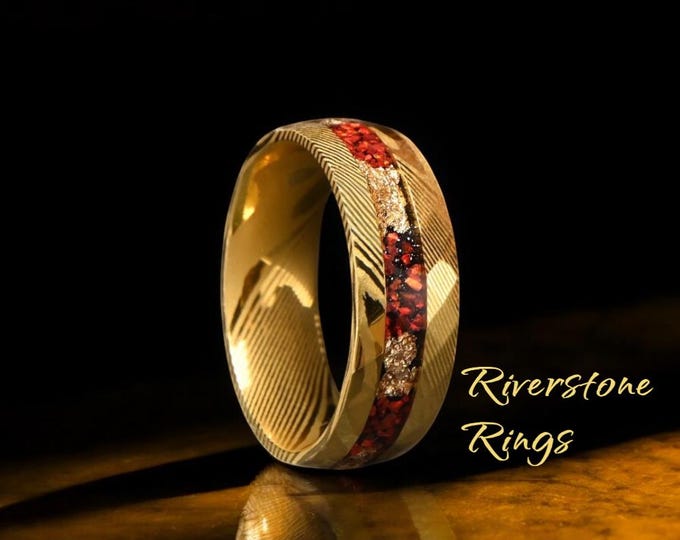 Gold Damascus Steel Wedding Band: Red Opal & Gold Foil Inlay, 8mm Comfort  Fit