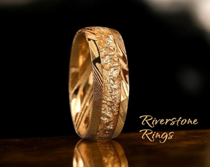 Golden Damascus Steel Wedding Band: 8mm Gold Foil Inlay Tungsten Ring