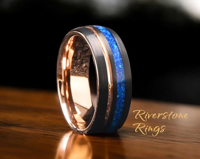 Blue Opal Tungsten Carbide Ring: Rose Gold Groove, Brushed Matte, 8mm