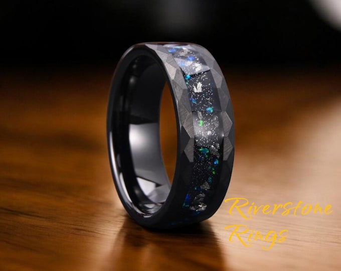 Black Hammered Tungsten Ring: Blue Opal Galaxy Wedding Band