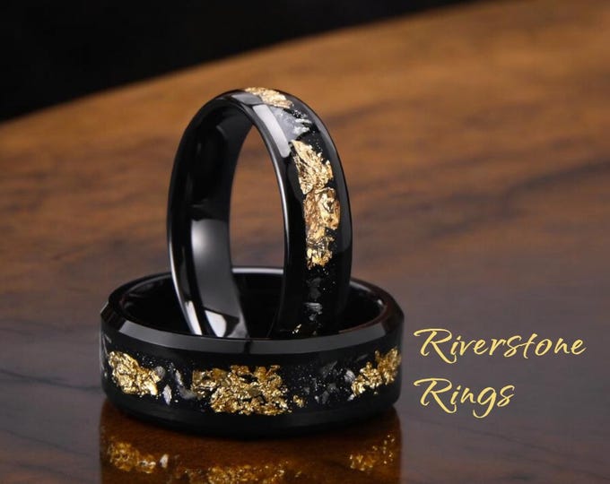 Black Tungsten Ring: Gold Leaf & Meteorite Inlay, Minimalist Band