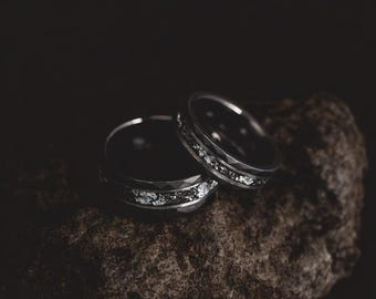 Meteorite & Silver Gold Leaf Inlay Beautiful Tungsten | Hammered Black Wedding Ring | Gift For Him | Gift For Her | 8mm Black Silver Ring