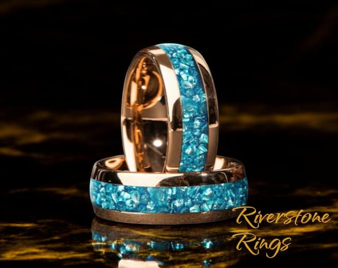 Rose Gold Tungsten Ring: Blue Aquamarine Inlay, Men's Wedding Band