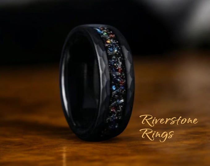 Hammered Black Tungsten Ring: Galaxy Opal Meteorite Inlay