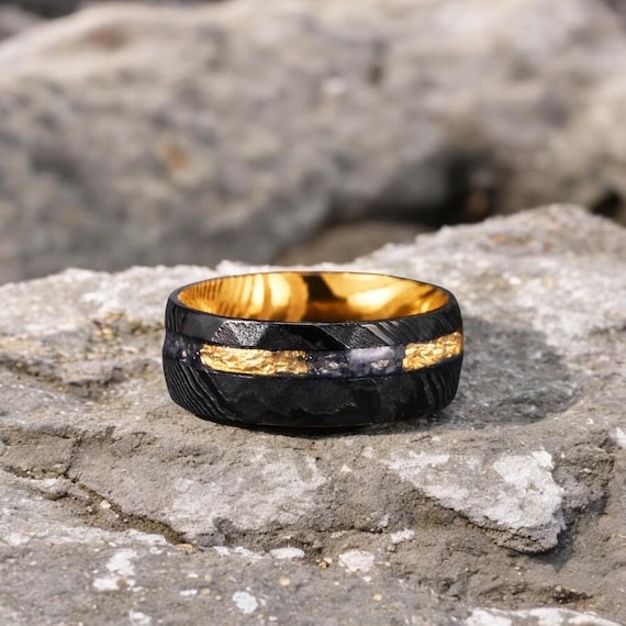 Damascus Steel Men's Wedding Ring: Meteorite Gold Leaf Inlay
