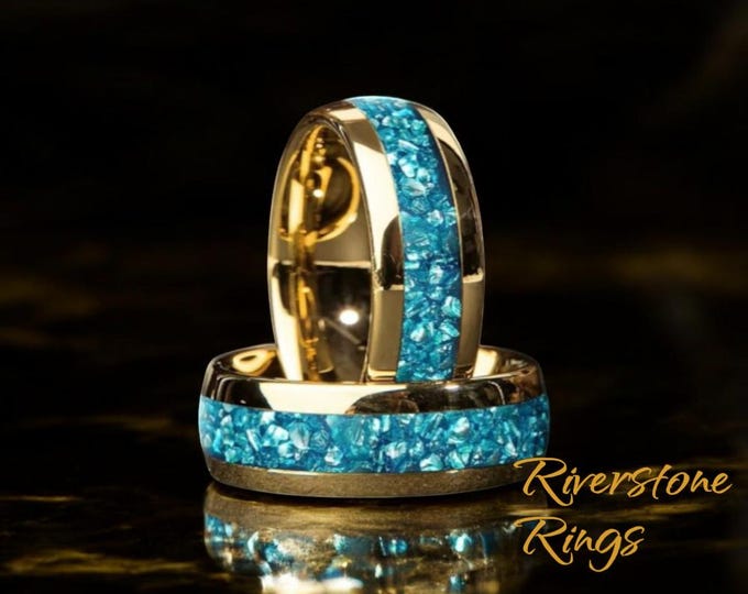Blue Aquamarine Tungsten Wedding Ring: Gold, Rose Gold, Silver, or Black