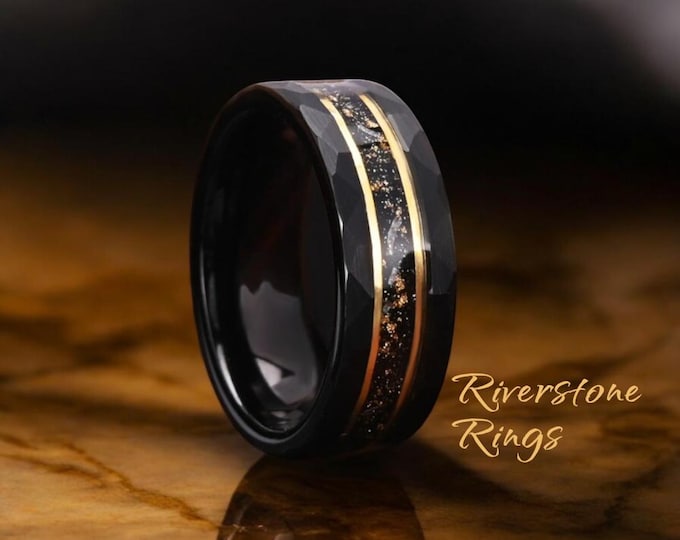 Hammered Black Tungsten Ring: Galaxy Gold Leaf & Sandstone Inlay