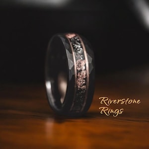 Hammered Black Tungsten Ring: Rose Gold Leaf & Meteorite Inlay, Black Rings, Meteorite Wedding Ring, Black Hammered Bands, Inlay Rings, 8mm
