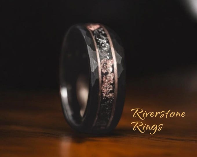 Hammered Black Tungsten Ring: Rose Gold Leaf & Meteorite Inlay