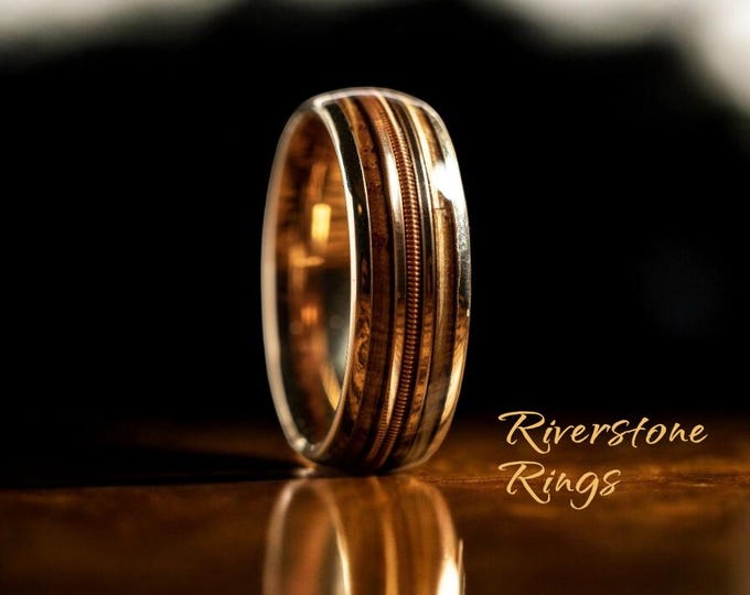 Guitar String Whiskey Barrel Ring: Rose Gold Wooden Inlay Band, 8mm