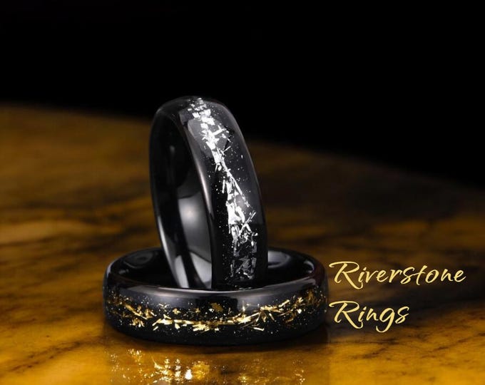 Meteorite Inlay Tungsten Wedding Band: Gold & Silver Flake, 6mm Black Ring