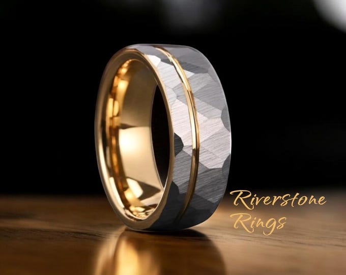 Hammered Tungsten Carbide Wedding Band: Grey Brushed Ring with Gold Groove