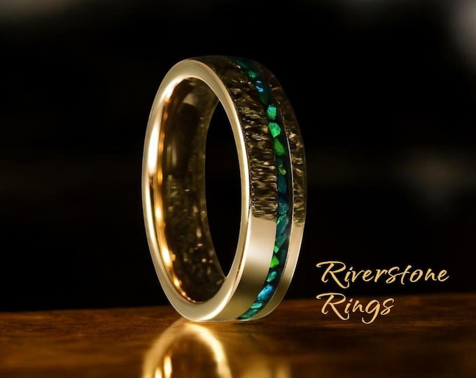 Green Opal & Malachite Inlaid Tungsten Ring - 6mm Gold Wedding Band, Comfort Fit Ring