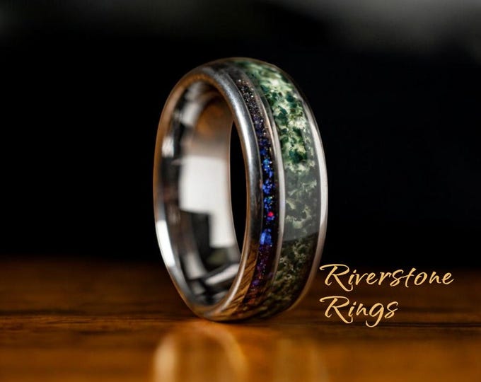 Moss Agate & Blue Sandstone Tungsten Wedding Band - 8mm Couple Ring