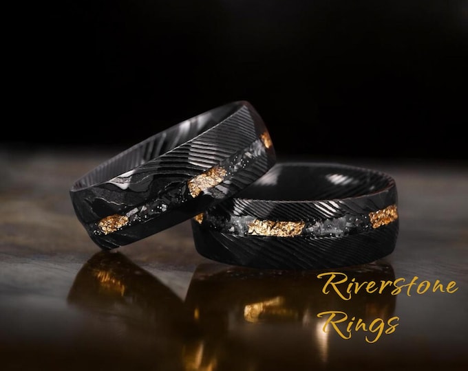 Meteorite Damascus Wedding Band: Golden Leaf Inlay, Hammered Black Gold Ring