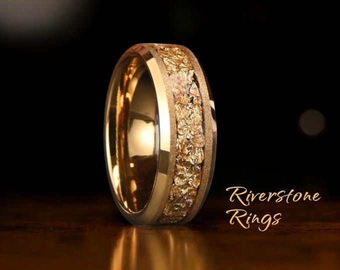 Frosted Gold Leaf Tungsten Wedding Band - 8mm Unique Ring