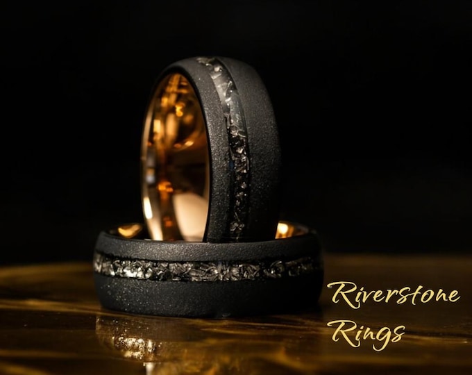 Black Sandblasted Tungsten Wedding Band with Meteorite Inlay