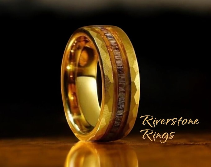 Hammered Tungsten Gold Ring: Whiskey Barrel & Deer Antler Inlay, Wood Ring,  Handmade Jewelry