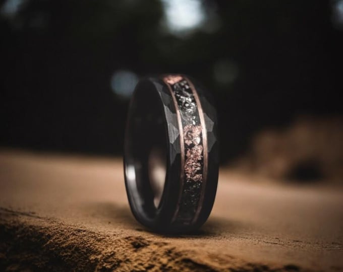 Hammered Black Tungsten Ring: Rose Gold Leaf & Meteorite Inlay