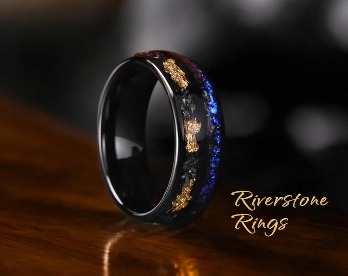 Gold Leaf Opal Inlay Tungsten Wedding Band - 8mm Comfort Fit