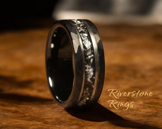 Hammered Black Tungsten Ring: Meteorite & Silver Leaf Inlay, 8mm Wedding Band