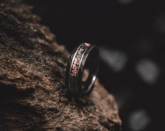 Rose Gold Leaf & Meteorite Tungsten Ring | Hammered Black Tungsten Wedding Ring | Gift For Him | Gift For Her | 8mm Black Rose Gold Ring