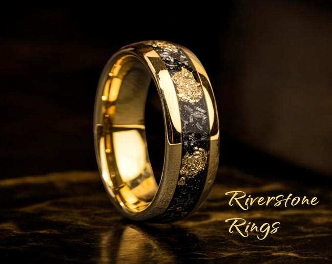 18k Gold Tungsten Wedding Band: Meteorite Gold Leaf Inlay, 8mm Comfort Fit