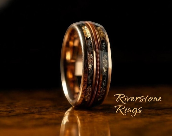Guitar String Meteorite Tungsten Ring: Rose Gold Wedding Band