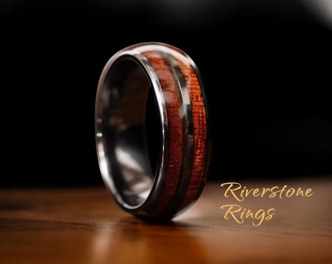 Whiskey Barrel Wood Inlay Tungsten Ring - Gunmetal Grey 8mm Dome, Men Wood Band