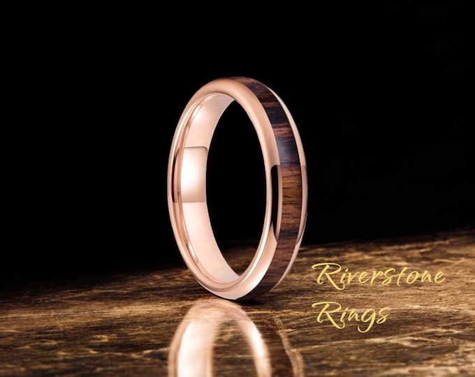 Rose Gold Tungsten Wood Inlay Ring - 4mm Women's Band, Women Handmade Jewelry