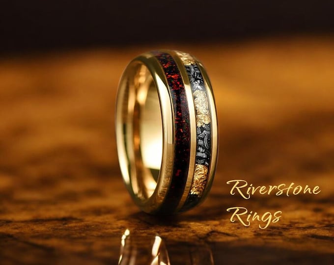 Meteorite Tungsten Wedding Band: Gold Leaf, Red Opal Inlay, 8mm