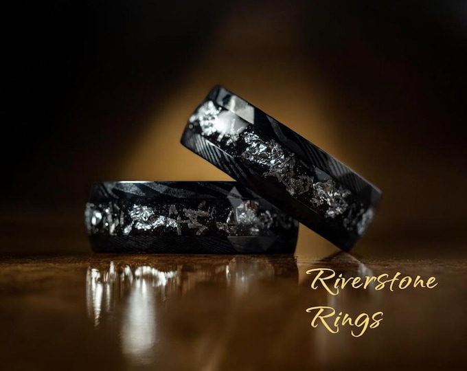 Damascus Steel Wedding Band: Hammered Meteorite Ring with White Gold