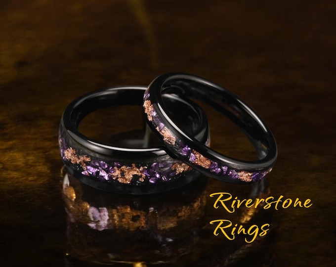 Amethyst Rose Gold Leaf Tungsten Ring: Wedding, Engagement, Promise Ring