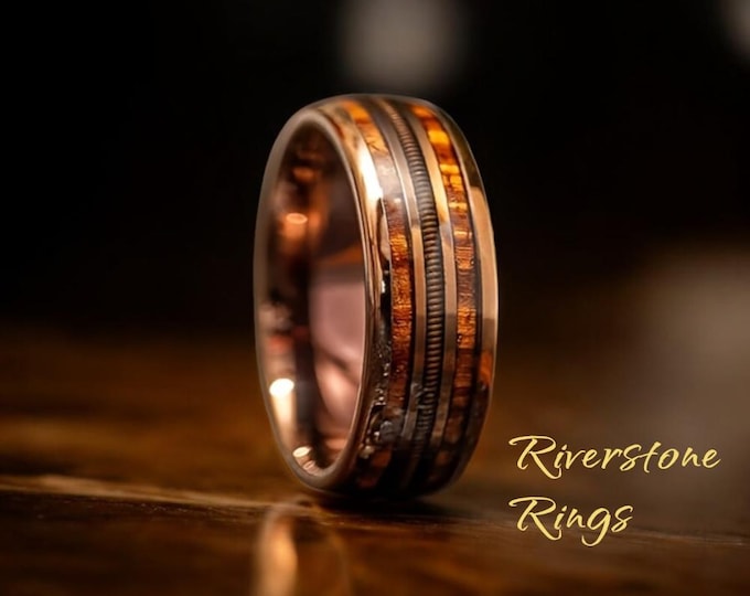 Rose Gold Tungsten Ring: Whiskey Barrel Wood & Guitar String Inlay