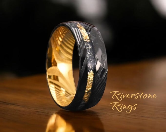 Damascus Steel Men's Wedding Ring: Meteorite & Gold Leaf Inlay, Men Gold Band